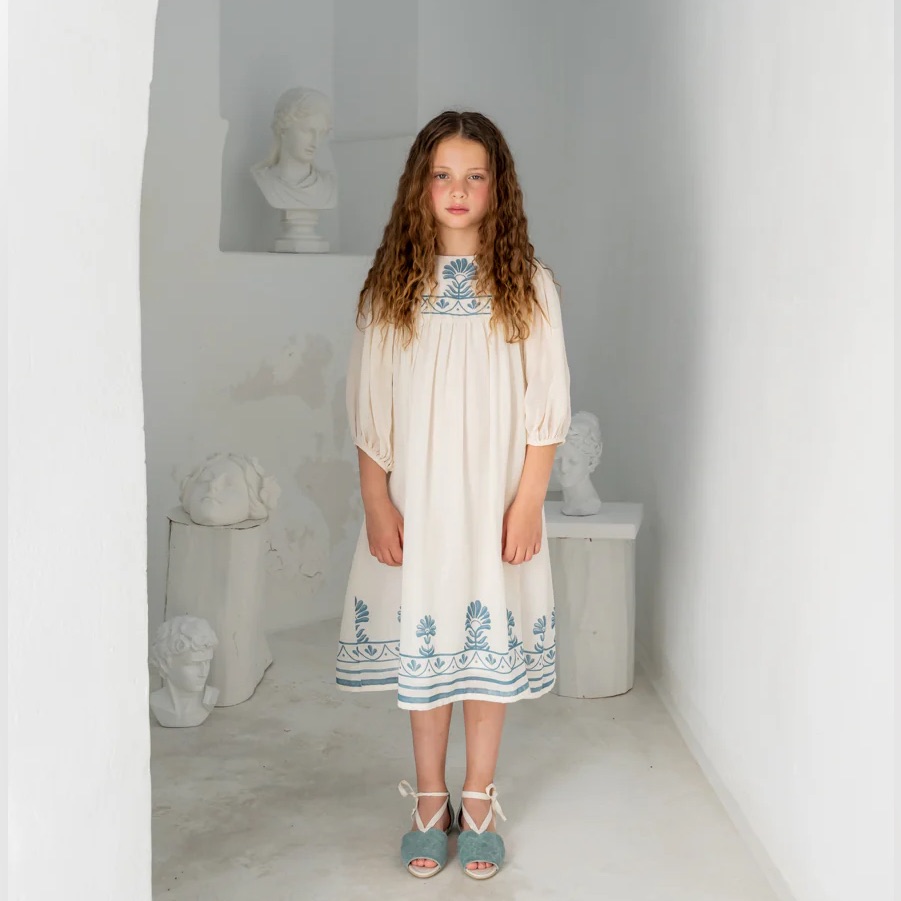 Belle Chiara Girls’ Organic Ivory Vertical Ornamental Border Selene Dress4y